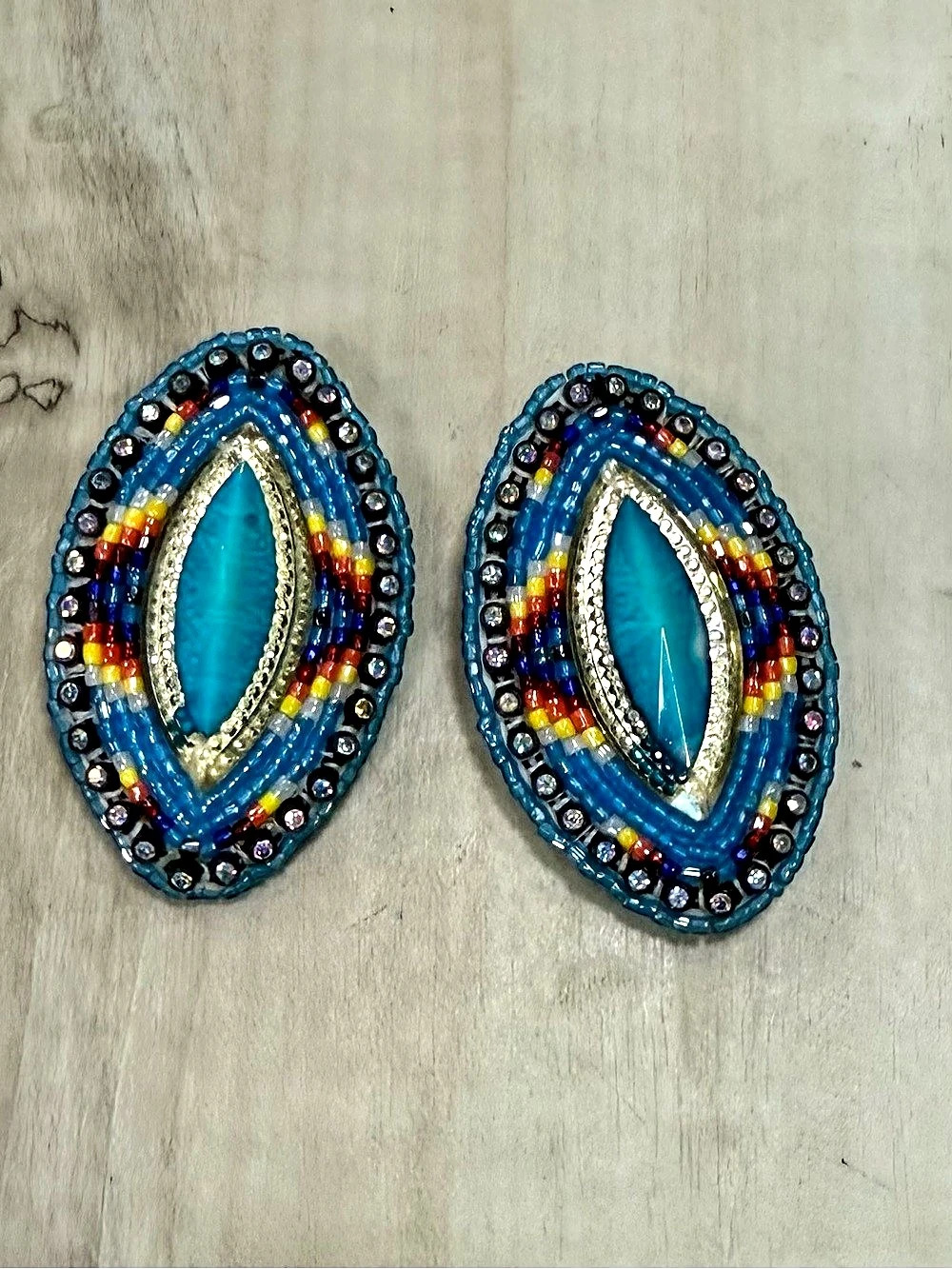 Native American handmade Beaded Dangle Earrings in Blue/Turquoise & Multicolor